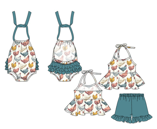 2.15 custom each style moq 5eta 4-6week Sibling Sister hen baby girl short sleeve shorts sets and romper match design