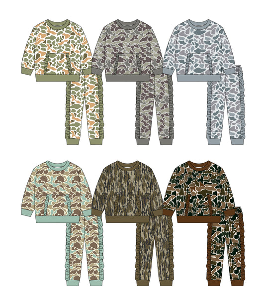 25.10.18 custom each style moq 5 eta 6-8week Sibling Sisters camouflage baby girl long sleeve pants sets 6 match family design