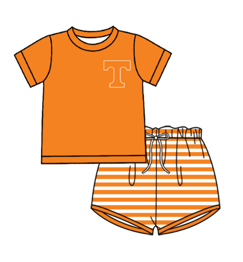 Custom moq 5 mix size milk silk summer teams baby girl boys clothes orange short sleeve shorts sets and swimsuit and rompers series