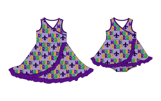 25.10.11 custom each style moq 5 eta 6-8week Sibling Sisters mardi gras baby girl short sleeve dress and romper match family design