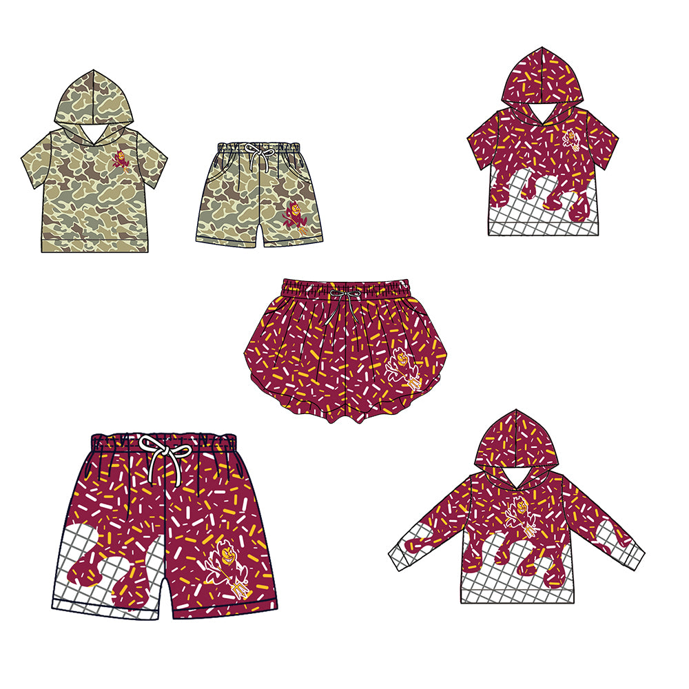 Custom moq 5 mix size milk silk summer teams Camo Hooded Short Sleeve Top Shorts Set Ice Cream Drips Hooded Red  Top with Matching Shorts For Baby