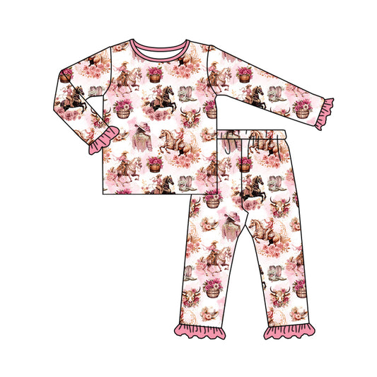 8.14 custom each style moq 5eta 4-6week Sibling Sister cow head floral pink baby girl sets and dress and rompers match family design