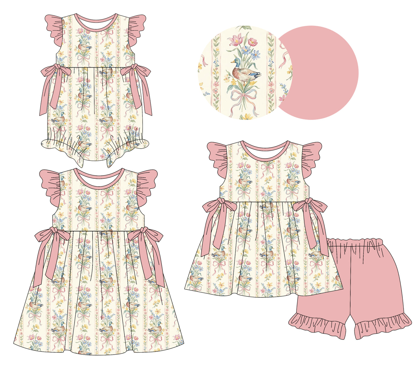 26.1.22 custom each style moq 5 eta 6-8week Sibling Sister floral bow baby short sleeve shorts sets and romper and dress match design