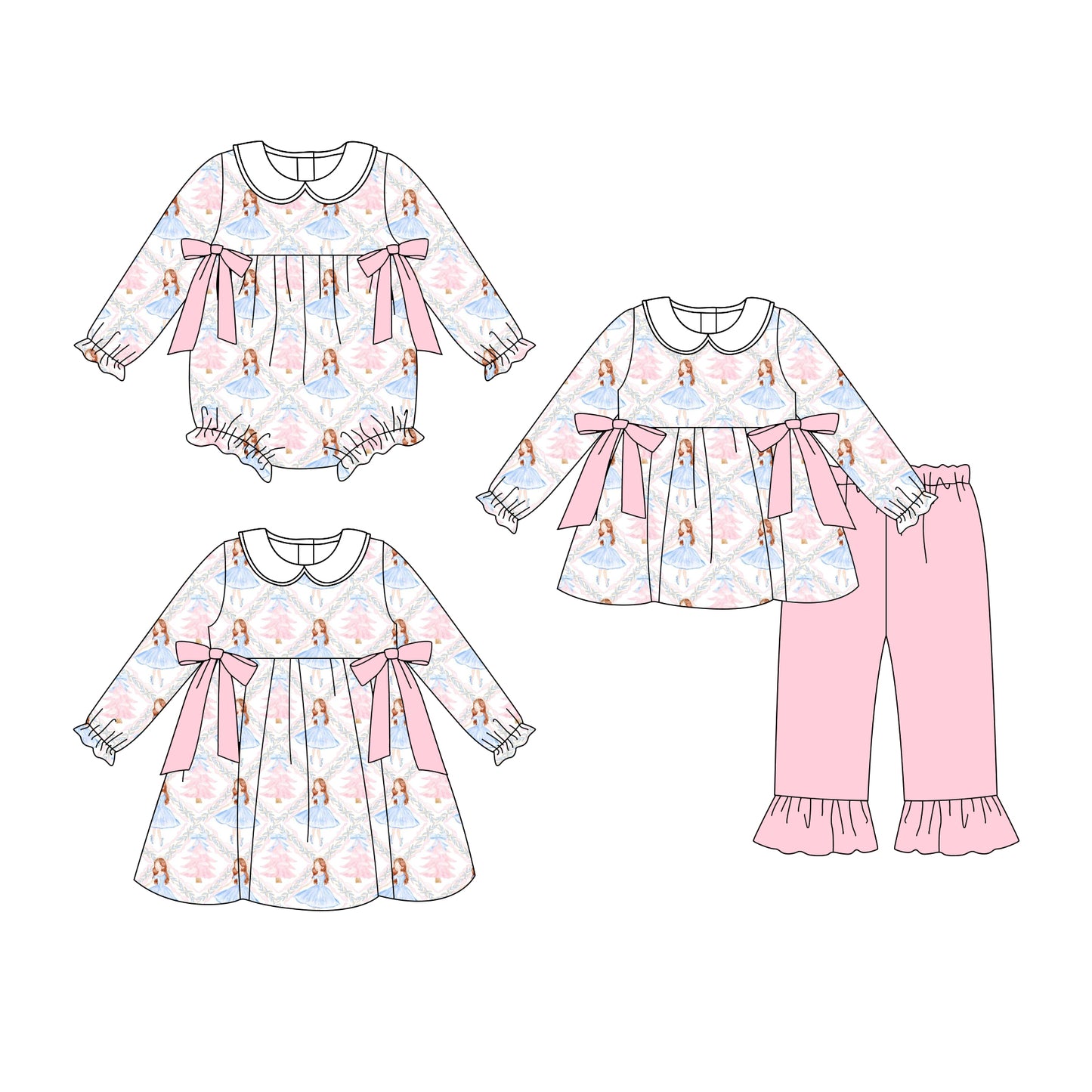 25.7.4 custom each style moq 5eta 4-6week Sibling Sisters Christmas trees bow baby girl long sleeve pants sets and dress and rompers match family design