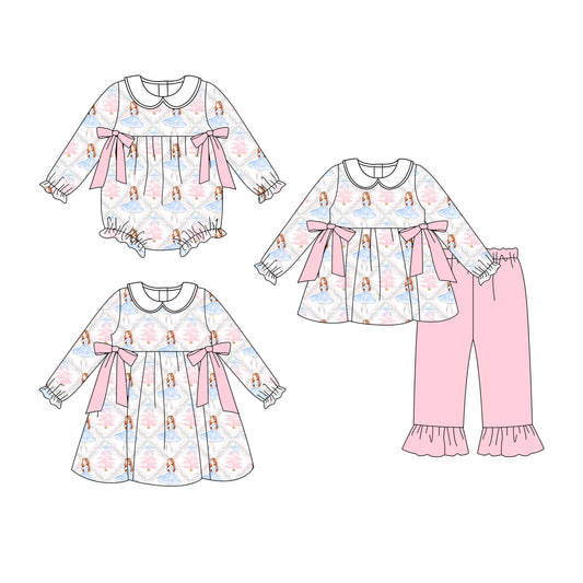 25.7.4 custom each style moq 5eta 4-6week Sibling Sisters Christmas trees bow baby girl long sleeve pants sets and dress and rompers match family design