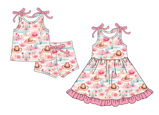 4.14 custom each style moq 5eta 4-6week Sibling Sister floral hats baby girl short sleeve shorts sets and dresses match design