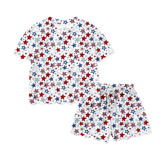 Custom moq 5 mix size Baby Girls Red Blue Star Print White Short-Sleeved Top And Shorts Set Cute 4th of July Outfit