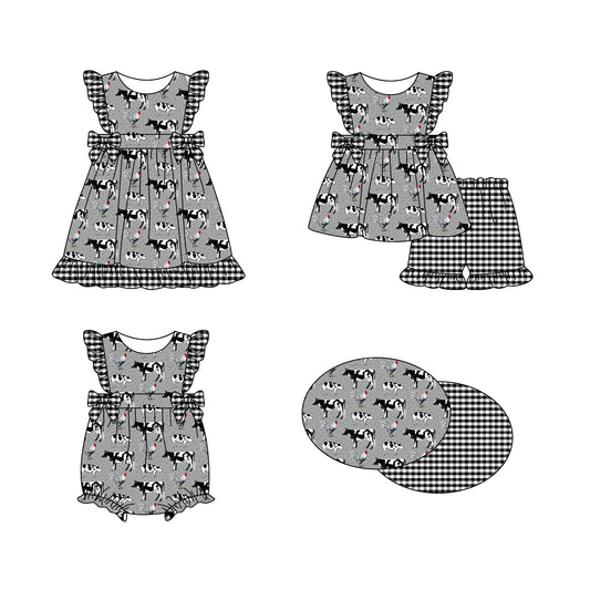 11.18 custom each style moq 5eta 4-6week Sibling Sister cow baby girl short sleeve shorts sets and dress and rompers match family design