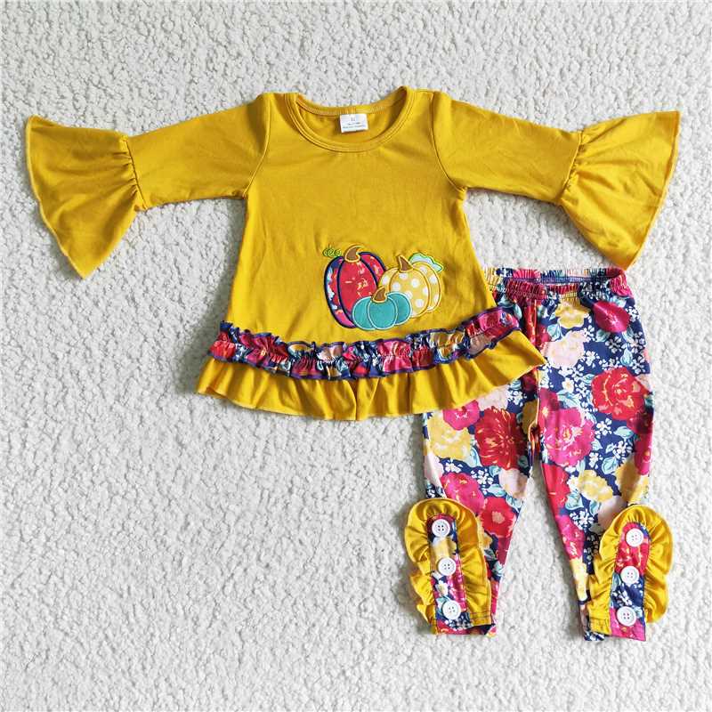 RTS Embroidered floral pumpkin long-sleeved trouser set and skirt