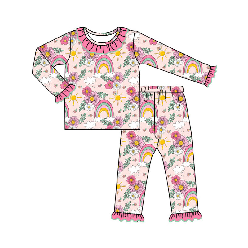 8.13 custom each style moq 5eta 4-6week Sibling Sister rainbow floral pink baby girl sets and dress and rompers match family design
