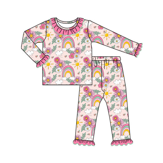 8.13 custom each style moq 5eta 4-6week Sibling Sister rainbow floral pink baby girl sets and dress and rompers match family design