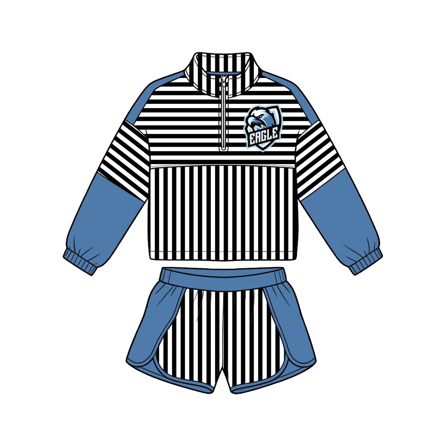 custom moq 5 mix size MSD072306 Baby Girls Stripe Zip Pullover Long Sleeve Team Top Shorts Sets