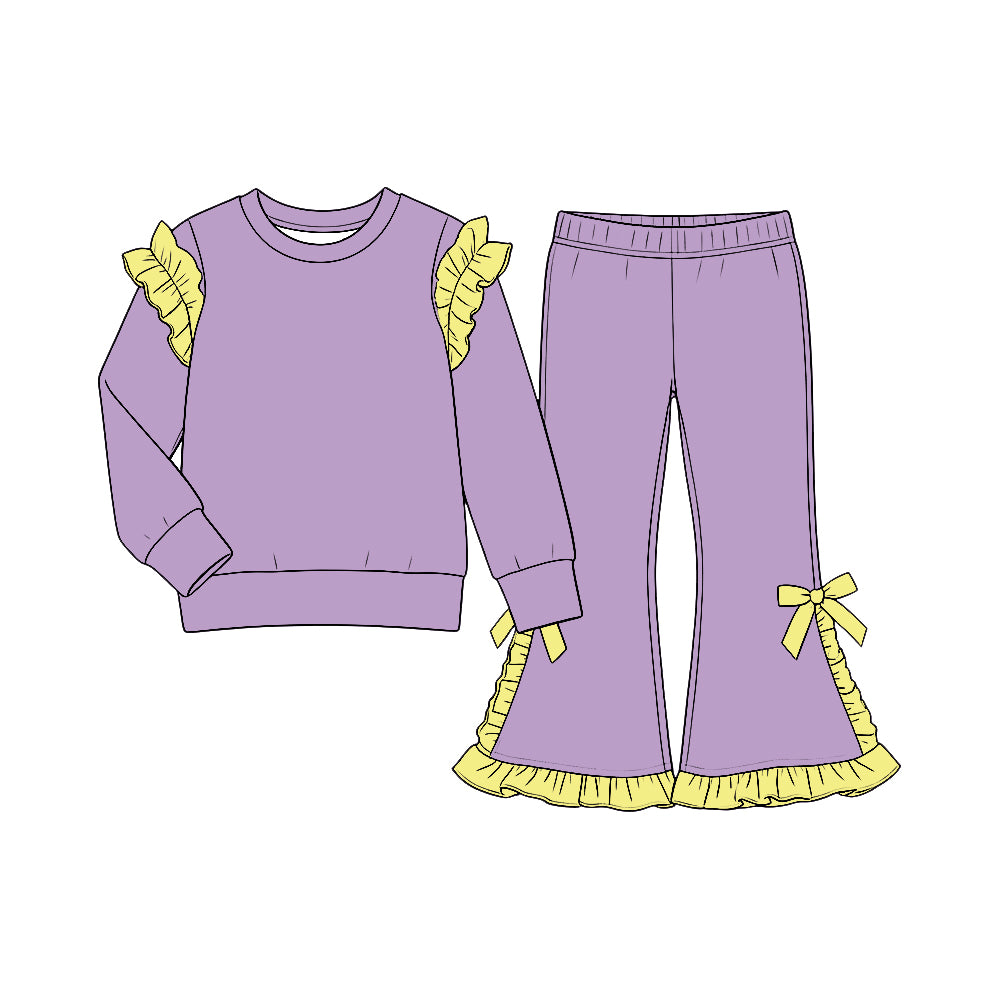 custom moq 5 mix size Baby Girls Lavender and Pale Yellow Solid Ruffle Shoulder Sweatshirt And Ruffle Hem Bow Flare Pant Set