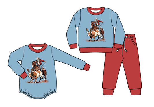 25.6.10 custom each style moq 5eta 4-6week Sibling Sisters riding horse baby boy long sleeve pants sets and rompers match family design