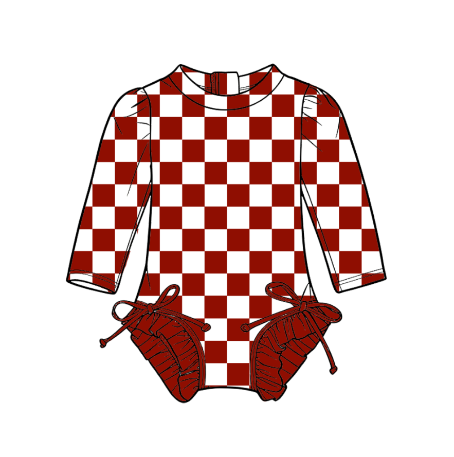 Custom moq 5 mix size milk silk summer teams Baby Girl's Red Plaid Long-Sleeved Onesie Swimsuit