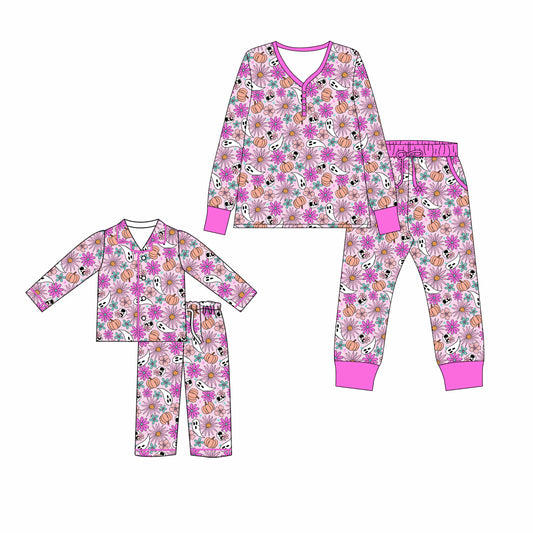 25.5.13 custom each style moq 5eta 4-6week Sibling Sister pumpkin floral long sleeve pants sets and adult sets match design