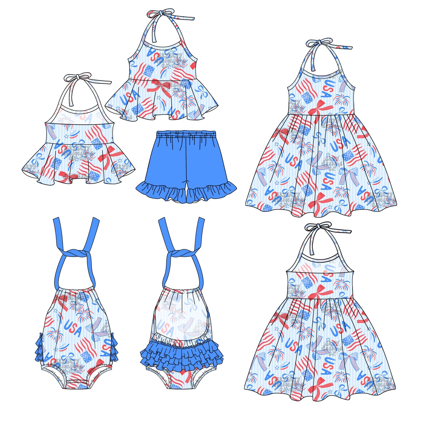 2.27 custom each style moq 5eta 4-6week Sibling Sister flag bow baby girl short sleeve shorts sets and sets 2 and boy romper and dress match design