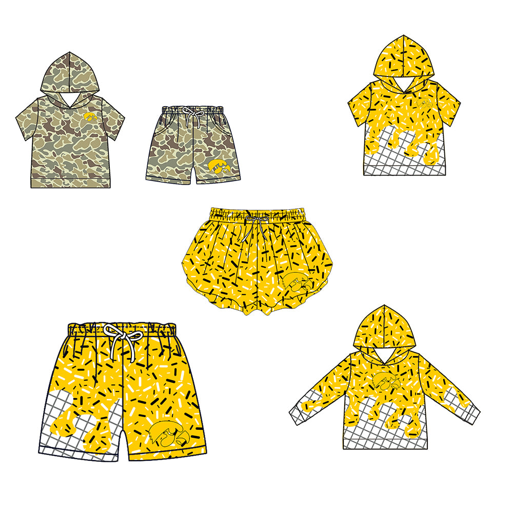 Custom moq 5 mix size milk silk summer teams Camo Hooded Short Sleeve Top Shorts Set Ice Cream Drips Yellow Hooded Top with Matching Shorts For Kids