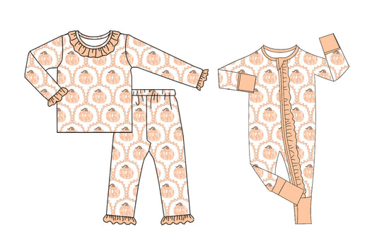 5.6 custom each style moq 5eta 4-6week Sibling Sisters pumpkin baby girl long sleeve pants sets and rompers match family design