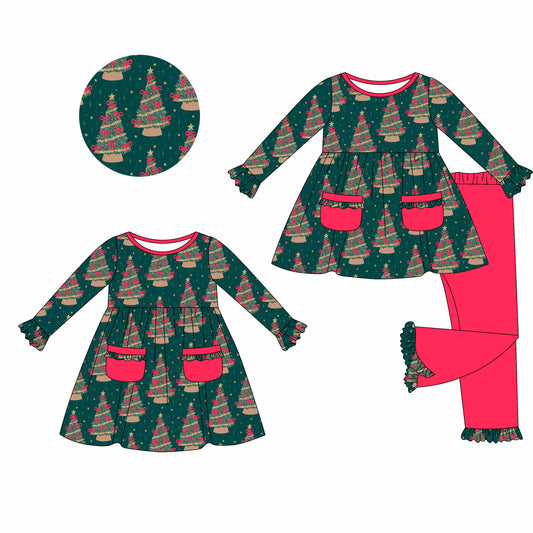 25.5.21 custom each style moq 5eta 4-6week Sibling Sisters Christmas trees baby girl long sleeve pants sets and dress match family design