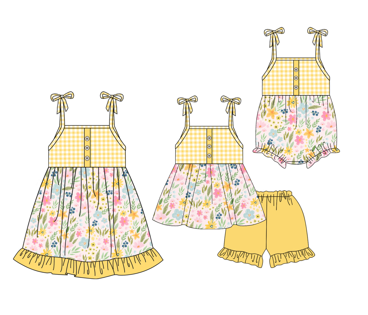 4.9 custom each style moq 5eta 4-6week Sibling Sisters floral baby girl short sleeve shorts sets and dress and rompers match family design