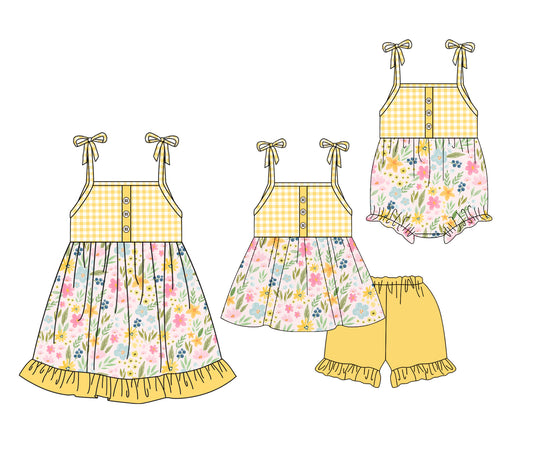 4.9 custom each style moq 5eta 4-6week Sibling Sisters floral baby girl short sleeve shorts sets and dress and rompers match family design