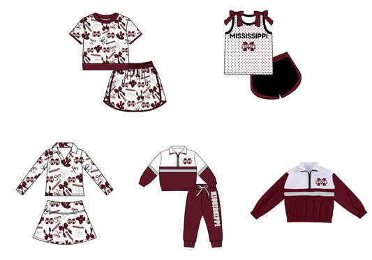 Custom moq 5 mix size summer teams Girls Dark Red Polka Dot Top Shorts Set Top Skirt Short Set Zipper Pullover Pants Set
