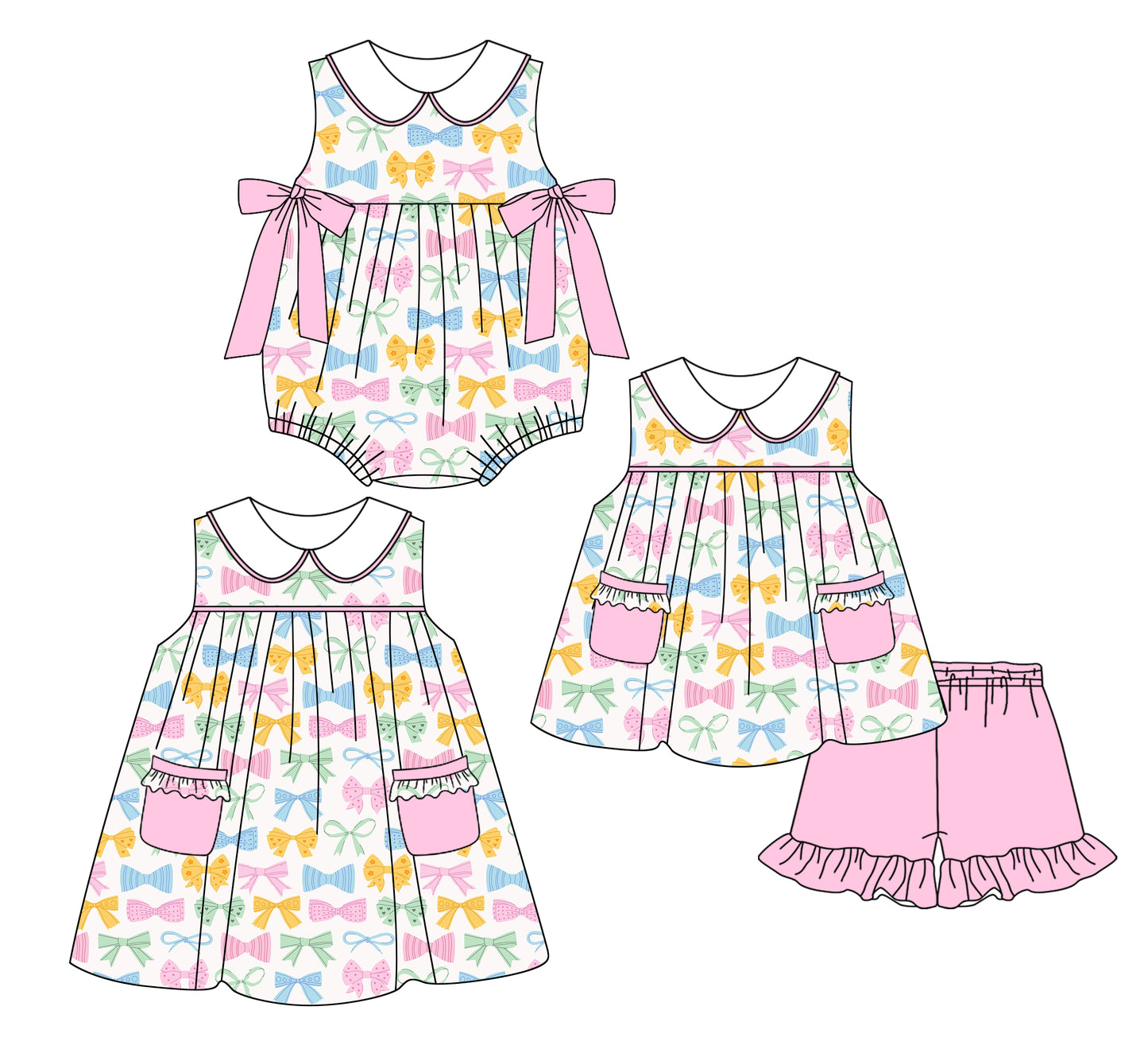 3.6 custom each style moq 5eta 4-6week Sibling Sisters bow baby girl short sleeve shorts sets and dress and rompers match family design