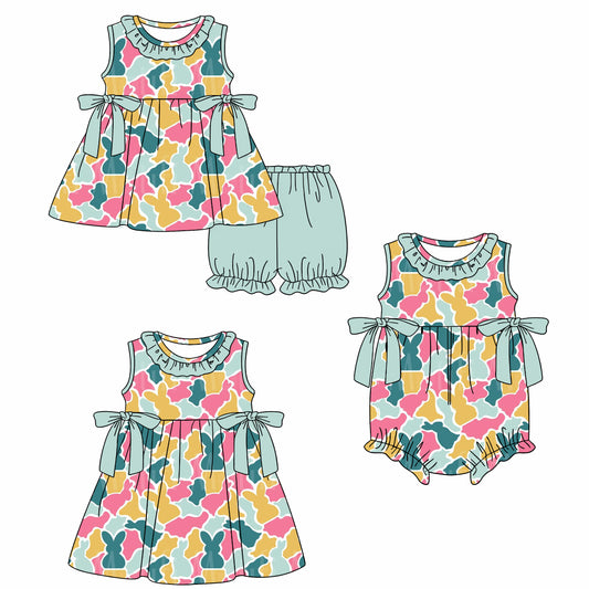 26.1.15 custom each style moq 5 eta 6-8week Sibling Sister camouflage bunny baby short sleeve shorts sets and romper and dress match design