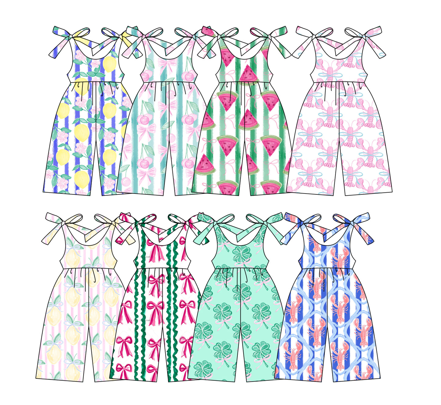 12.25 custom each style moq 5eta 4-6week Sibling Sister bow fruit baby suspender jumpsuit 1 and jumpsuit 2 and jumpsuit 3 and jumpsuit 4 and jumpsuit 5 and jumpsuit 6 and jumpsuit 7 and jumpsuit 8 match design