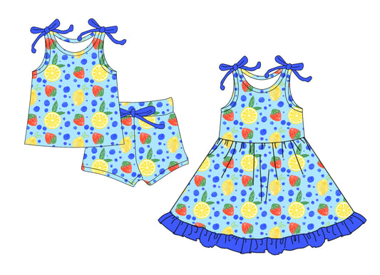 25.12.8 custom each style moq 5 eta 6-8week Sibling Sister strawberry lemon baby short sleeve shorts sets and dress match design
