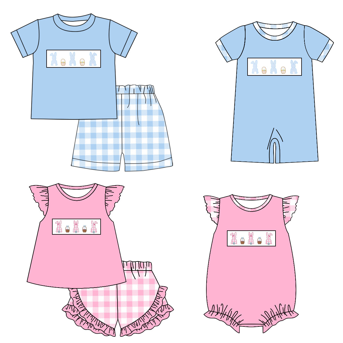 25.12.20 custom each style moq 5 eta 6-8week Sibling Sister bunny baby short sleeve shorts sets 2 and romper 2 match design