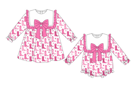 25.10.2 custom each style moq 8 eta 6-8week Sibling Sisters boot pink baby girl long sleeve dress and rompers match family design
