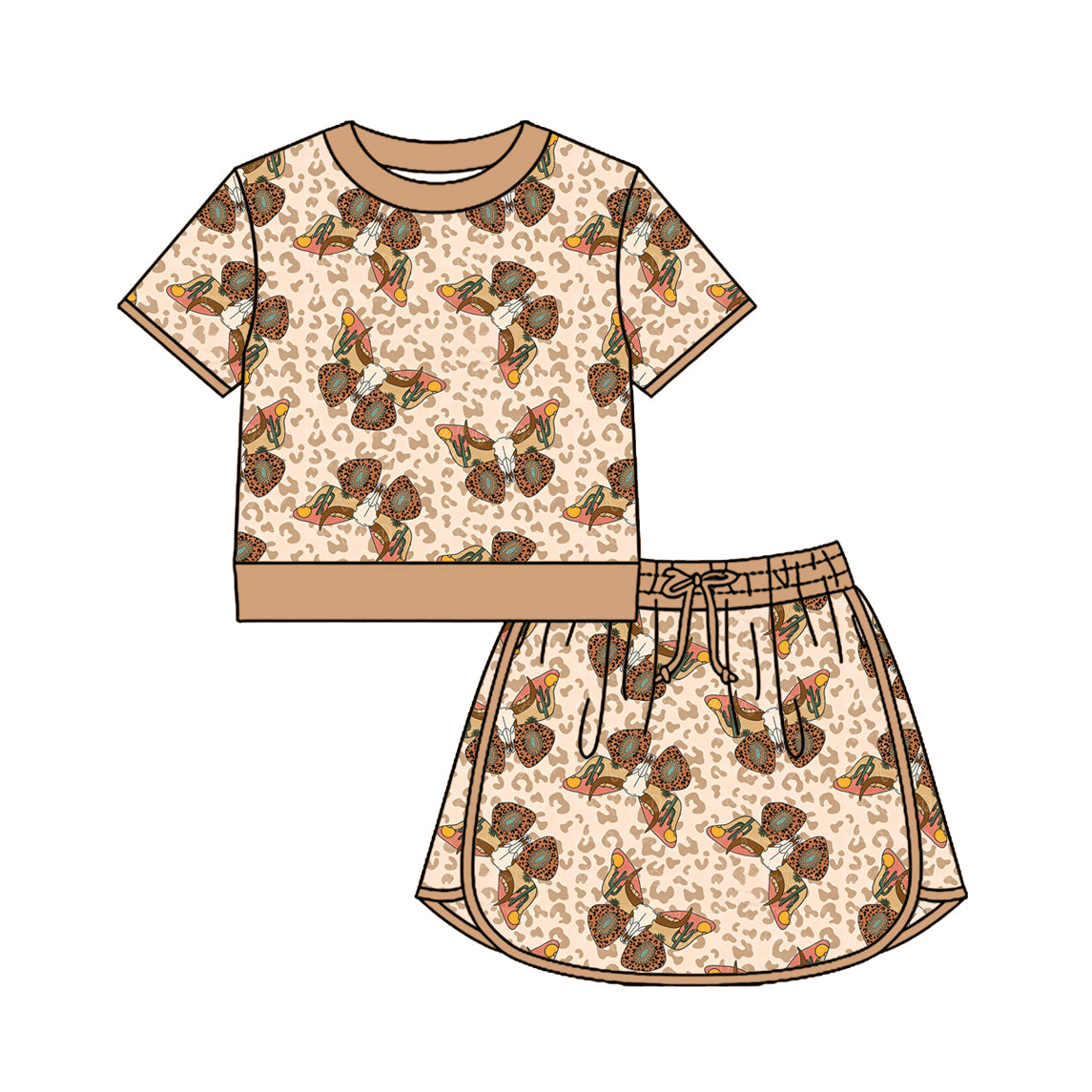 3.30 Custom moq 5 mix size Sibling Baby Girl's Leopard Butterfly Short-Sleeved Top And Skirt Set Cute Outfit