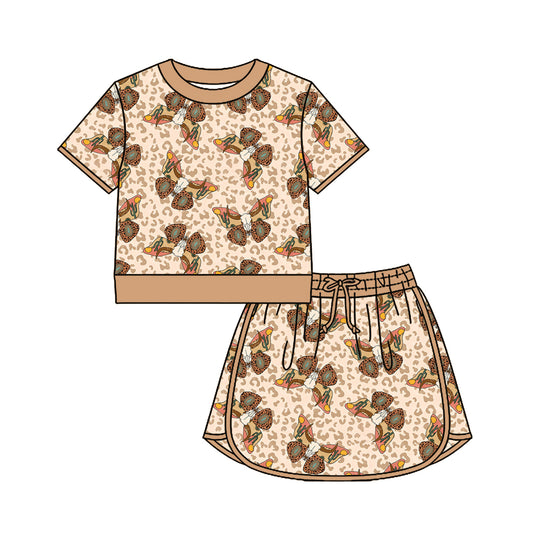 3.30 Custom moq 5 mix size Sibling Baby Girl's Leopard Butterfly Short-Sleeved Top And Skirt Set Cute Outfit