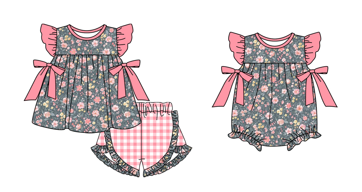 11.13 custom each style moq 5eta 4-6week Sibling Sister floral baby girl short sleeve shorts sets and rompers match design