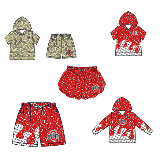 Custom moq 5 mix size milk silk summer teams Camo Hooded Short Sleeve Top Shorts Set Ice Cream Drips Red Hooded Top with Matching Shorts For Kids