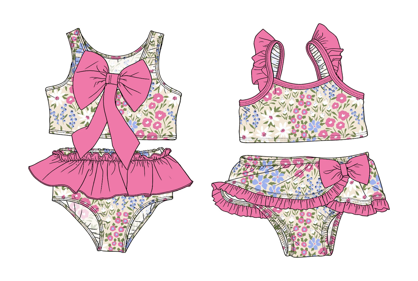 3.14 Custom moq 5 mix size Sibling Baby Girls Flowers Sleeveless Top With Bow Bummies Two-Piece Set Infant Swimwear