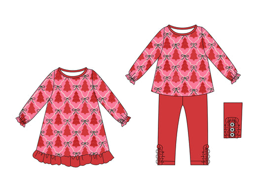 25.6.12 custom each style moq 5eta 4-6week Sibling Sisters Christmas trees bow baby girl long sleeve pants sets and dress match family design