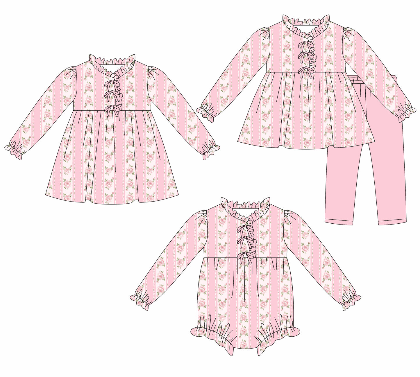 25.7.25 custom each style moq 5eta 4-6week Sibling Sisters floral pink baby girl long sleeve pants sets and dress and rompers match family design