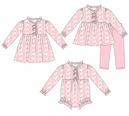 25.7.25 custom each style moq 5eta 4-6week Sibling Sisters floral pink baby girl long sleeve pants sets and dress and rompers match family design