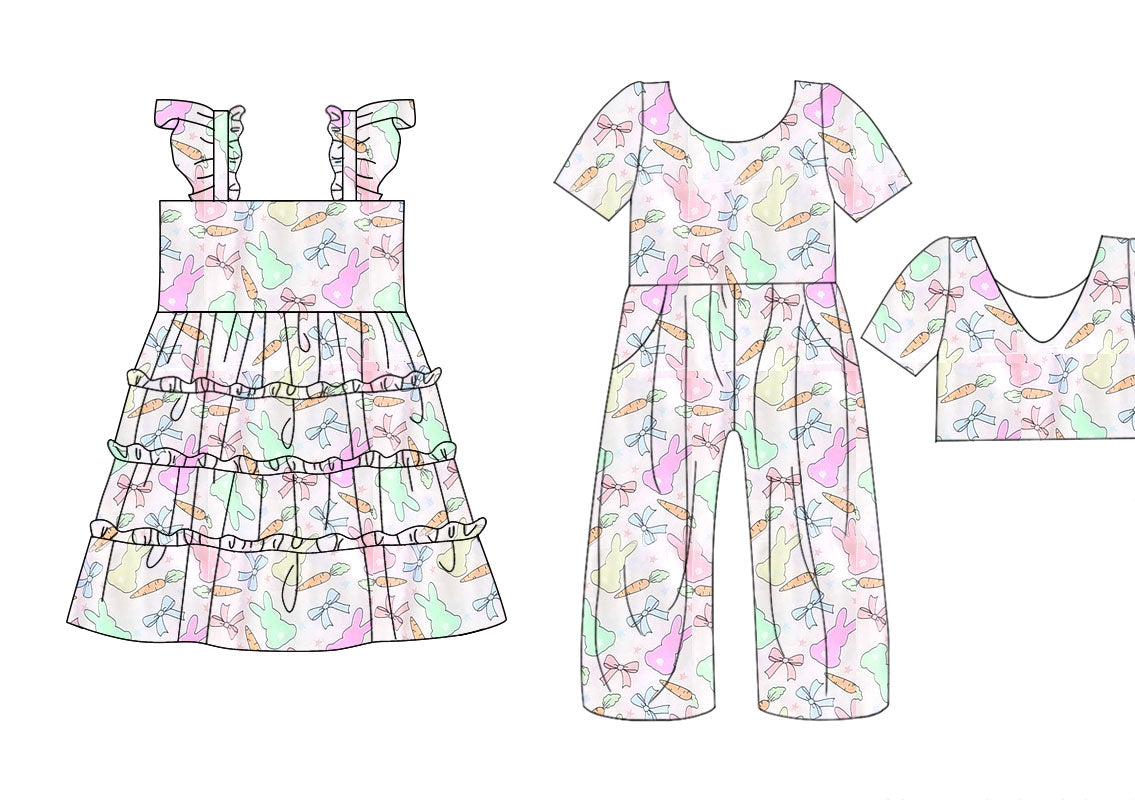 25.10.20 custom each style moq 5 eta 6-8week Sibling Sisters easter bunny bow baby girl long sleeve dress and jumpsuit match family design