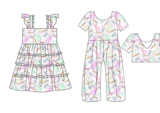 25.10.20 custom each style moq 5 eta 6-8week Sibling Sisters easter bunny bow baby girl long sleeve dress and jumpsuit match family design