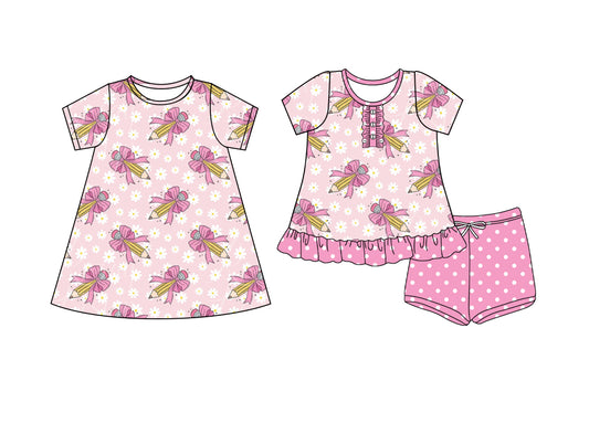 4.7 custom each style moq 5eta 4-6week Sibling Sister  pencil bow baby girl short sleeve shorts sets and dresses match design
