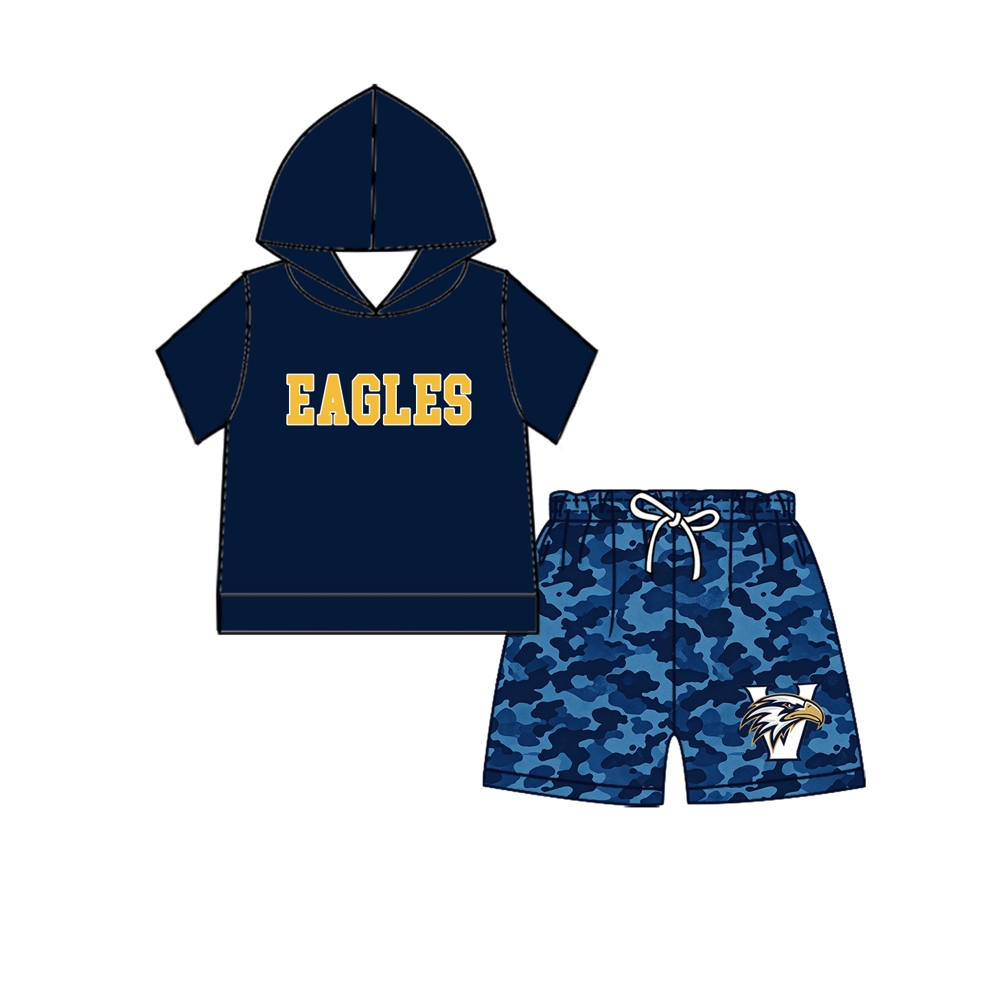 custom moq 5 mix size MSD070906 Baby Kids Short Sleeve Hooded Top And Camo Elastic Waist Shorts Clothes Set