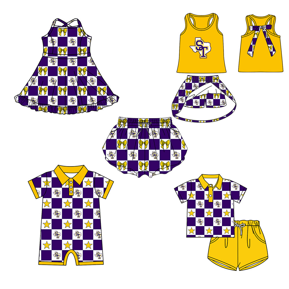Custom moq 5 mix size milk silk summer teams Purple Checked Bows Baby Girl Sleeveless Yellow Top Skirt Short Set Dress And Shorts Yoga Outfit Boy's Top Shorts Set Romper