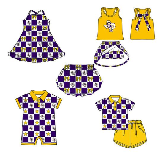 Custom moq 5 mix size milk silk summer teams Purple Checked Bows Baby Girl Sleeveless Yellow Top Skirt Short Set Dress And Shorts Yoga Outfit Boy's Top Shorts Set Romper