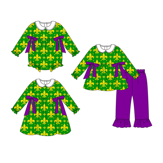 25.9.9 custom each style moq 5eta 4-6week Sibling Sisters mardi gras baby girl long sleeve pants sets and dress and rompers match family design