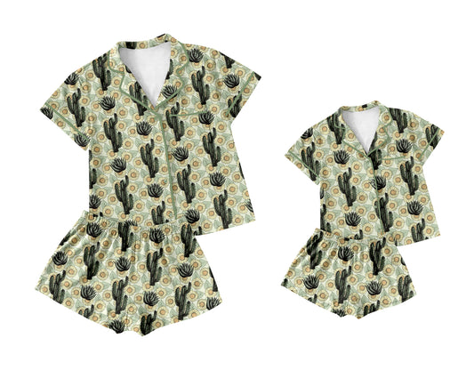 3.25 custom each style moq 5eta 4-6week Sibling Sister catcus short sleeve shorts sets and adult sets match design