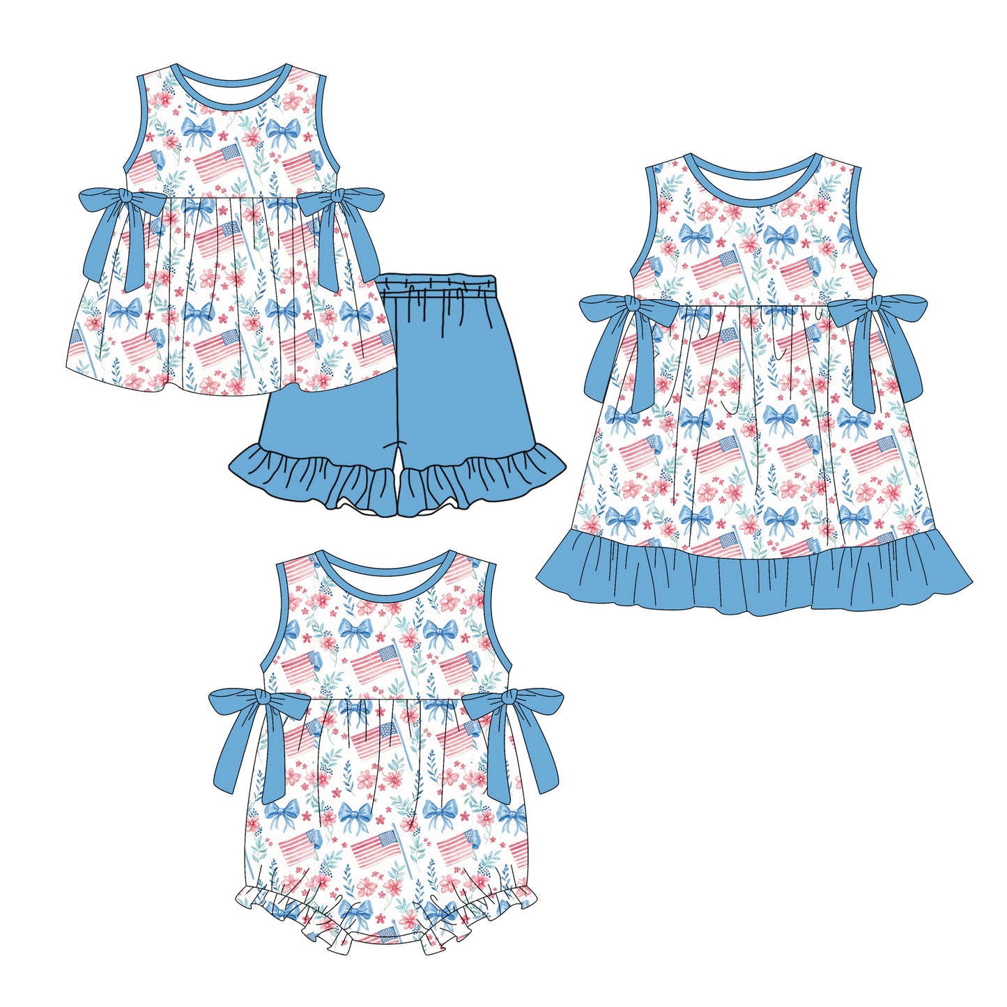 3.2 Custom moq 5 mix size Sibling Baby Girl's 4th of July  Sleeveless Top And Shorts Set Cute Romper Dress for Summer
